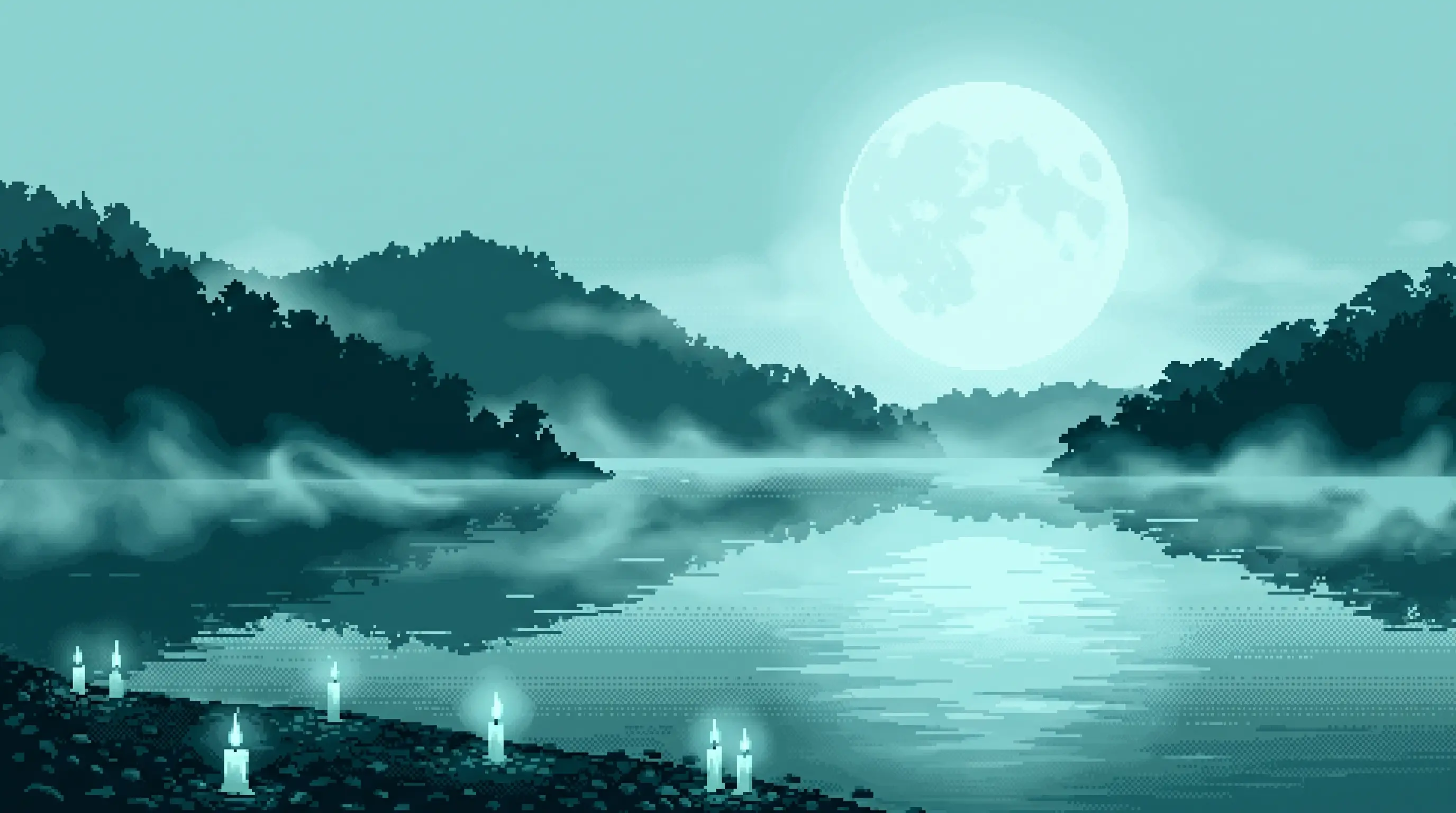 Ilustración pixel-art en tonos teal de una noche mística sobre la laguna de Catemaco, con luna y velas