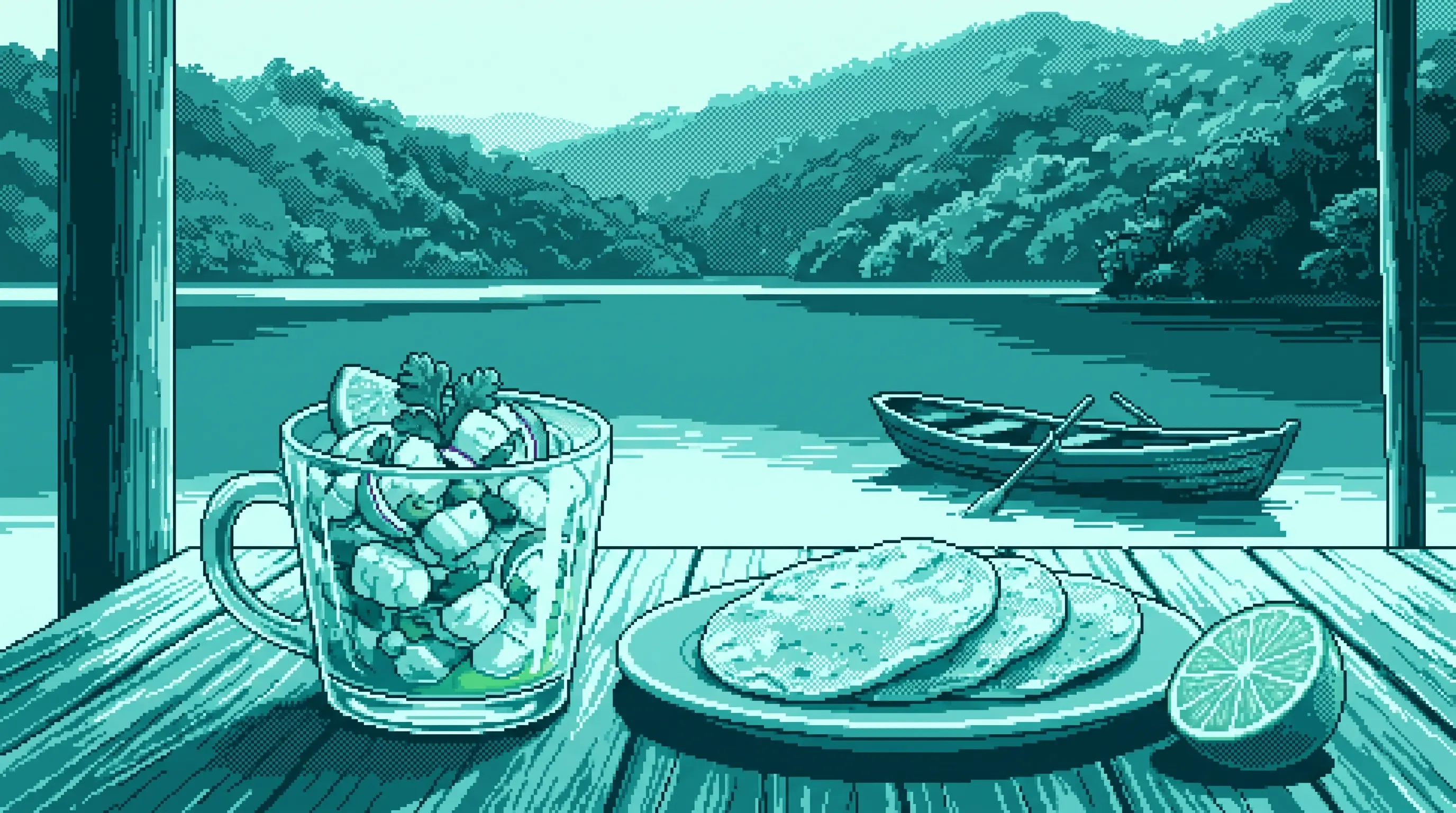 Ilustración pixel-art en tonos teal de una mesa junto a la laguna de Catemaco con un coctel y tostadas, y una lancha al fondo